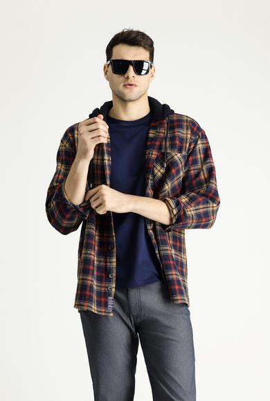 Erkek Giyim - KOYU LACİVERT XL Beden Kapüşonlu Oversize Ekose Shacket Oduncu Pamuk Gömlek / Mont