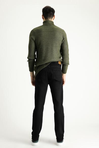 Erkek Giyim - SİYAH 48 Beden Slim Fit Dar Kesim Beli Lastikli İpli Likralı Örme Kanvas / Chino Pantolon