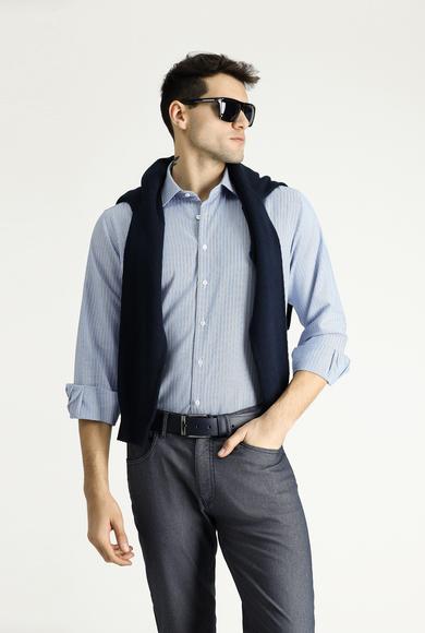 Erkek Giyim - AÇIK MAVİ 3X Beden Uzun Kol Regular Fit Çizgili Pamuklu Gömlek