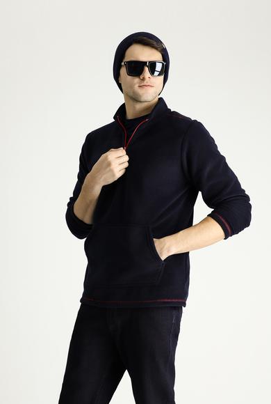 Erkek Giyim - KOYU LACİVERT M Beden Yarım Fermuarlı Polar Sweatshirt