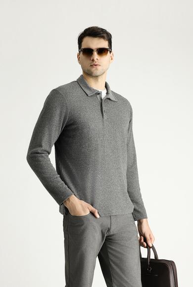 Erkek Giyim - ORTA GRİ MELANJ L Beden Polo Yaka Desenli Nakışlı Sweatshirt
