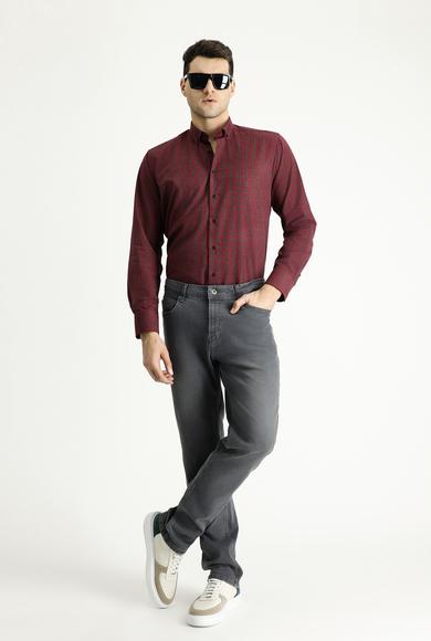 Erkek Giyim - AÇIK BORDO L Beden Uzun Kol Regular Fit Oduncu Ekose Pamuklu Gömlek