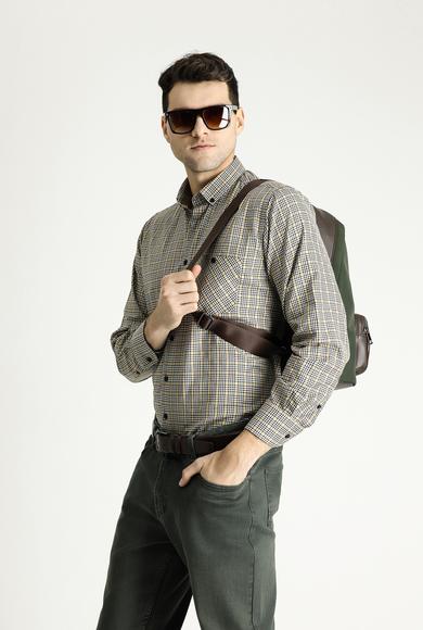 Erkek Giyim - ORTA BEJ 3X Beden Uzun Kol Regular Fit Oduncu Ekose Pamuklu Gömlek