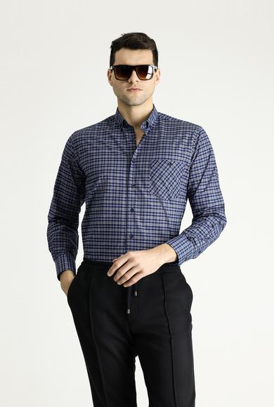 Erkek Giyim - ORTA GRİ 3X Beden Uzun Kol Regular Fit Ekose Pamuklu Gömlek