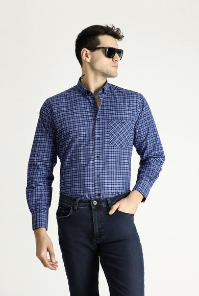 Erkek Giyim - MAVİ XXL Beden Uzun Kol Regular Fit Ekose Pamuklu Gömlek