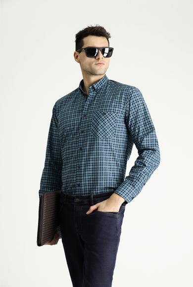 Erkek Giyim - PETROL YEŞİLİ 3X Beden Uzun Kol Regular Fit Ekose Pamuklu Gömlek