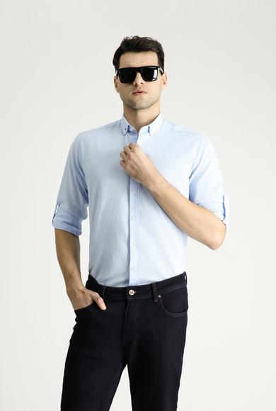 Erkek Giyim - AÇIK MAVİ 4X Beden Uzun Kol Relax Fit Rahat Kesim Keten Görünümlü Pamuk Gömlek