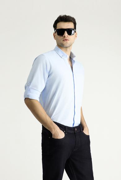 Erkek Giyim - AÇIK MAVİ L Beden Uzun Kol Relax Fit Rahat Kesim Keten Görünümlü Pamuk Gömlek