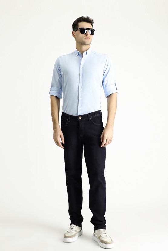 Erkek Giyim - Uzun Kol Relax Fit Rahat Kesim Keten Görünümlü Pamuk Gömlek