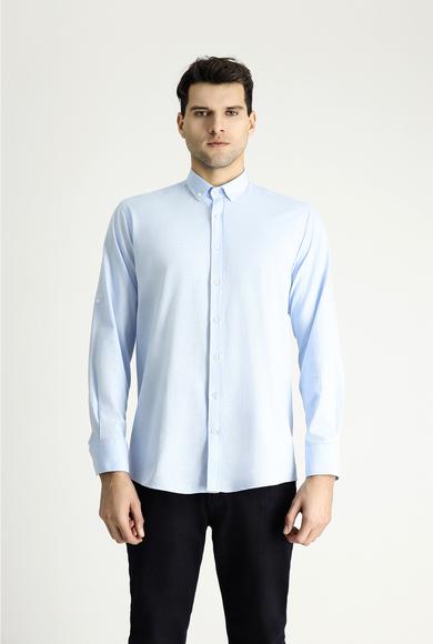 Erkek Giyim - AÇIK MAVİ L Beden Uzun Kol Relax Fit Rahat Kesim Keten Görünümlü Pamuk Gömlek