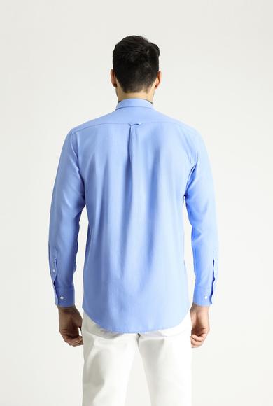 Erkek Giyim - MAVİ L Beden Uzun Kol Relax Fit Rahat Kesim Keten Görünümlü Pamuk Gömlek