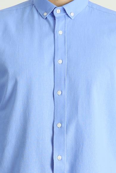 Erkek Giyim - MAVİ L Beden Uzun Kol Relax Fit Rahat Kesim Keten Görünümlü Pamuk Gömlek