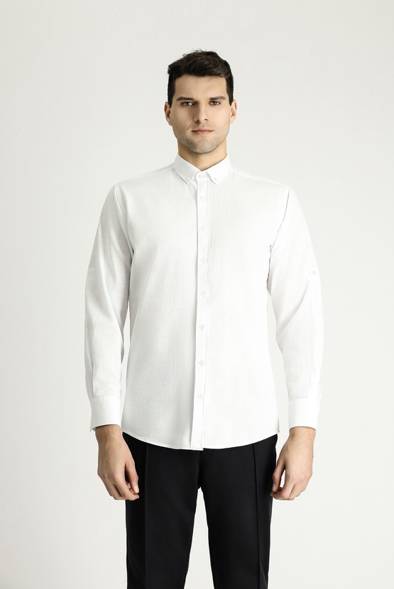 Erkek Giyim - Uzun Kol Relax Fit Rahat Kesim Keten Görünümlü Pamuk Gömlek