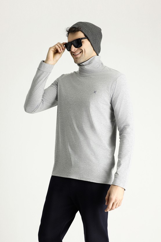 Erkek Giyim - Balıkçı Yaka Slim Fit Dar Kesim Pamuklu Sweatshirt