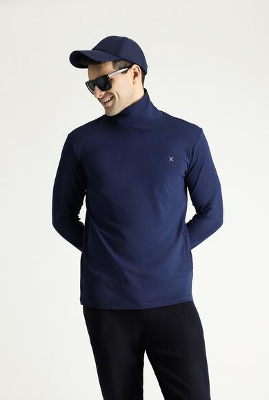 Erkek Giyim - KOYU LACİVERT M Beden Balıkçı Yaka Slim Fit Dar Kesim Pamuklu Sweatshirt