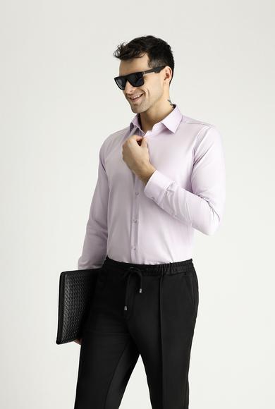 Erkek Giyim - LİLA L Beden Uzun Kol Slim Fit Dar Kesim Non Iron Saten Pamuklu Gömlek