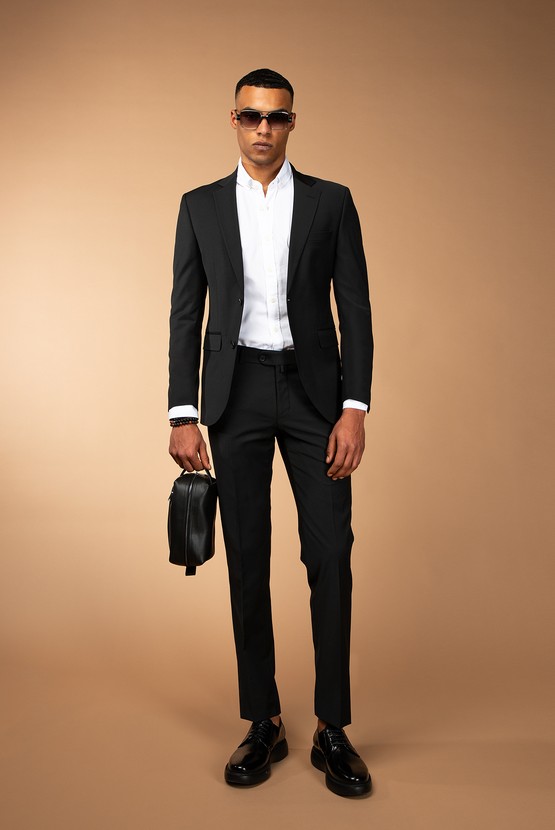 Erkek Giyim - Slim Fit Dar Kesim Yünlü Klasik Takım Elbise