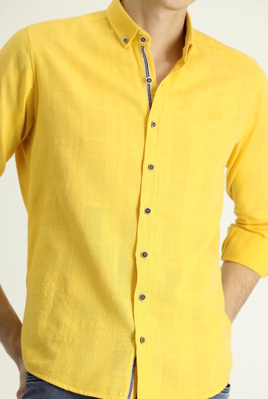 Erkek Giyim - KOYU SARI XL Beden Uzun Kol Slim Fit Dar Kesim Desenli Spor Pamuk Gömlek