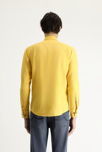 Erkek Giyim - KOYU SARI XL Beden Uzun Kol Slim Fit Dar Kesim Desenli Spor Pamuk Gömlek