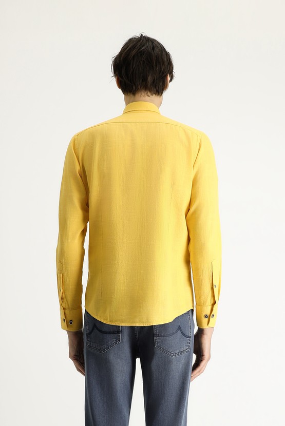 Erkek Giyim - Uzun Kol Slim Fit Dar Kesim Desenli Spor Pamuk Gömlek