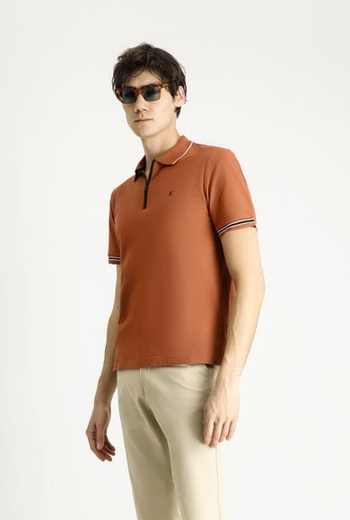 Erkek Giyim - AÇIK KAHVE M Beden Polo Yaka Regular Fit Fermuarlı Desenli Nakışlı Pamuk Tişört