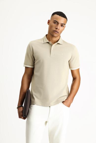 Erkek Giyim - AÇIK BEJ L Beden Polo Yaka Slim Fit Dar Kesim Nakışlı Desenli Pamuk Tişört