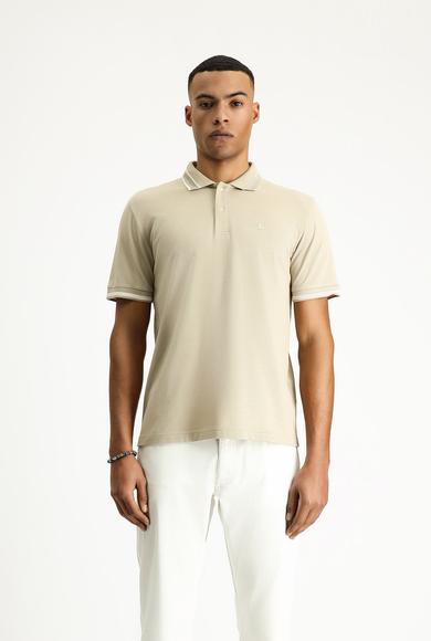 Erkek Giyim - AÇIK BEJ L Beden Polo Yaka Slim Fit Dar Kesim Desenli Nakışlı Pamuk Tişört