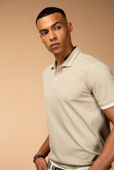 Erkek Giyim - AÇIK BEJ L Beden Polo Yaka Slim Fit Dar Kesim Desenli Nakışlı Pamuk Tişört