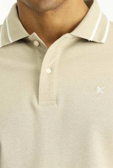 Erkek Giyim - AÇIK BEJ L Beden Polo Yaka Slim Fit Dar Kesim Nakışlı Desenli Pamuk Tişört