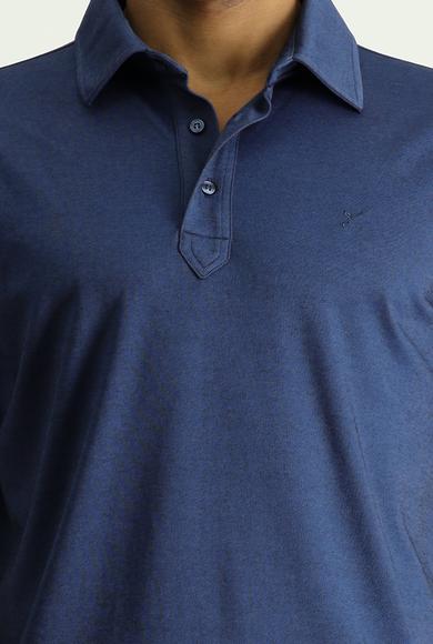 Erkek Giyim - ORTA LACİVERT MELANJ 5X Beden Polo Yaka Regular Fit Desenli Nakışlı Pamuklu Tişört