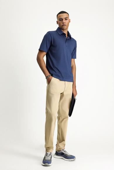 Erkek Giyim - ORTA LACİVERT MELANJ 5X Beden Polo Yaka Regular Fit Desenli Pamuklu Tişört