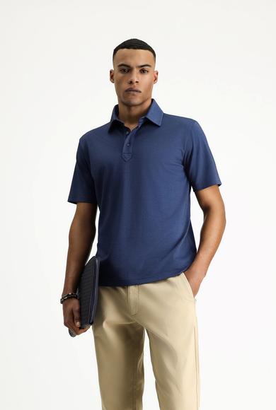 Erkek Giyim - ORTA LACİVERT MELANJ 5X Beden Polo Yaka Regular Fit Desenli Nakışlı Pamuklu Tişört