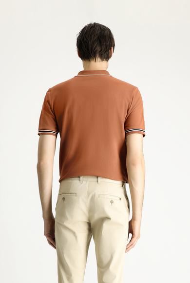 Erkek Giyim - AÇIK KAHVE M Beden Polo Yaka Regular Fit Fermuarlı Desenli Pamuk Tişört
