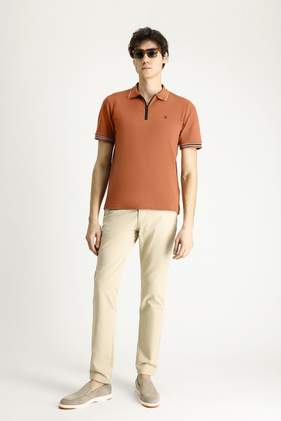 Erkek Giyim - Polo Yaka Regular Fit Fermuarlı Desenli Nakışlı Pamuk Tişört