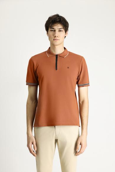 Erkek Giyim - AÇIK KAHVE M Beden Polo Yaka Regular Fit Fermuarlı Desenli Nakışlı Pamuk Tişört