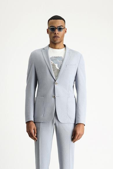 Erkek Giyim - AÇIK MAVİ 44 Beden Super Slim Fit Ekstra Dar Kesim Seersucker Ceket