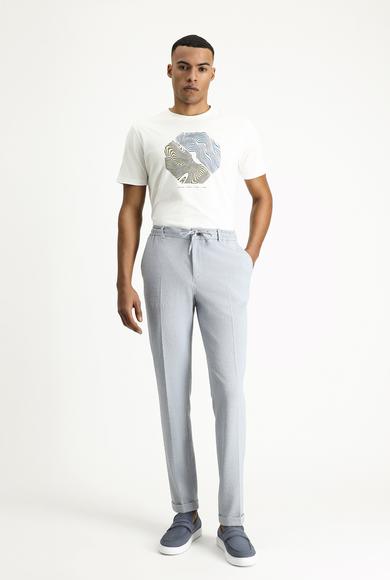Erkek Giyim - AÇIK MAVİ 48 Beden Super Slim Fit Ekstra Dar Kesim Beli Lastikli İpli Gofre Likralı Klasik Kumaş Pantolon