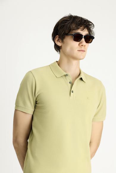 Erkek Giyim - LİMON SARI L Beden Polo Yaka Slim Fit Dar Kesim Nakışlı Pamuk Tişört