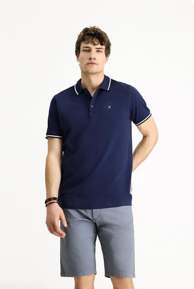 Erkek Giyim - ORTA LACİVERT XL Beden Polo Yaka Slim Fit Dar Kesim Nakışlı Süprem Pamuklu Tişört