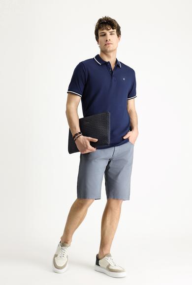 Erkek Giyim - ORTA LACİVERT XL Beden Polo Yaka Slim Fit Dar Kesim Nakışlı Süprem Pamuklu Tişört