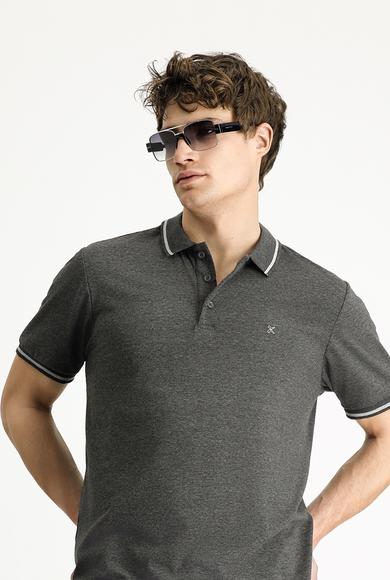 Erkek Giyim - KOYU ANTRASİT 3X Beden Polo Yaka Slim Fit Dar Kesim Nakışlı Süprem Pamuklu Tişört