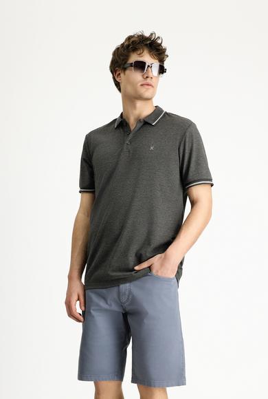 Erkek Giyim - KOYU ANTRASİT 3X Beden Polo Yaka Slim Fit Dar Kesim Nakışlı Süprem Pamuklu Tişört
