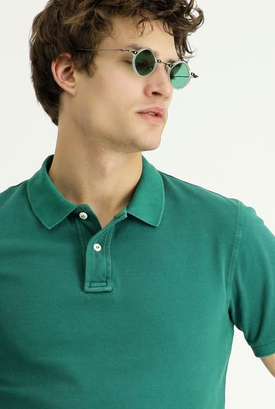 Erkek Giyim - KOYU YEŞİL S Beden Polo Yaka Slim Fit Dar Kesim Nakışlı Pamuk Tişört