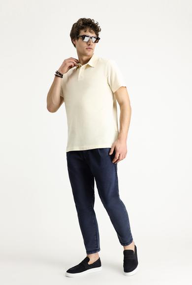Erkek Giyim - KREM L Beden Polo Yaka Slim Fit Dar Kesim Nakışlı Pamuk Tişört