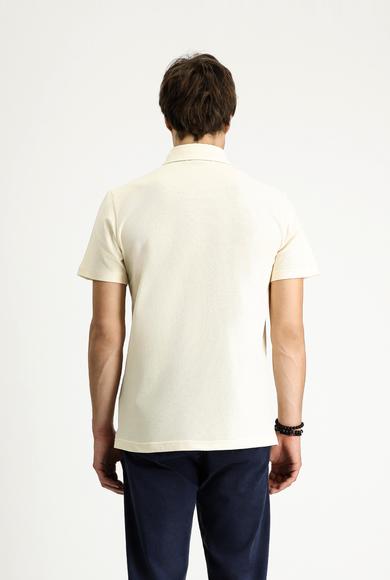 Erkek Giyim - KREM L Beden Polo Yaka Slim Fit Dar Kesim Nakışlı Pamuk Tişört