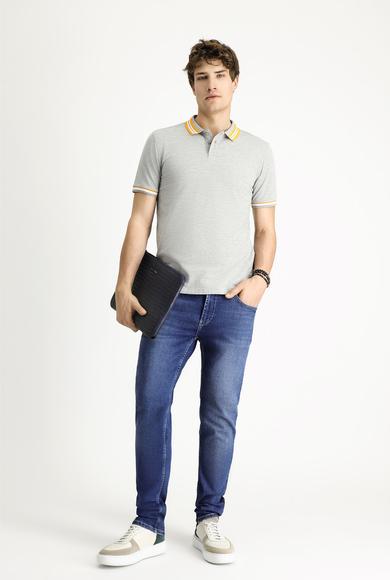 Erkek Giyim - ORTA GRİ MELANJ M Beden Polo Yaka Slim Fit Dar Kesim Desenli Pamuklu Tişört