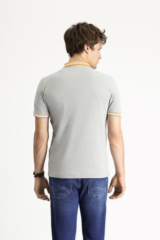 Erkek Giyim - Polo Yaka Slim Fit Dar Kesim Desenli Pamuklu Tişört