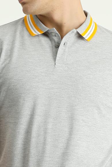 Erkek Giyim - ORTA GRİ MELANJ M Beden Polo Yaka Slim Fit Dar Kesim Desenli Pamuklu Tişört