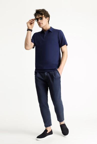 Erkek Giyim - ORTA LACİVERT L Beden Polo Yaka Slim Fit Dar Kesim Nakışlı Pamuk Tişört