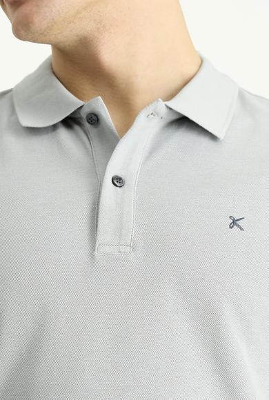Erkek Giyim - ORTA GRİ S Beden Polo Yaka Slim Fit Dar Kesim Nakışlı Pamuk Tişört